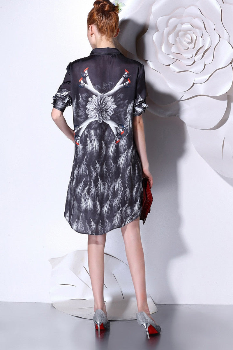 Lapel Loose Plumage Pattern Short Sleeve Short Dress