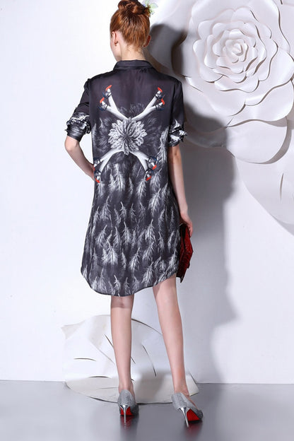 Lapel Loose Plumage Pattern Short Sleeve Short Dress