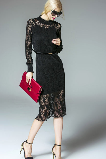 WOMEN'S ELEGANT LONG SLEEVE LACE STAND COLLAR MIDI DRESS WITH BELT
