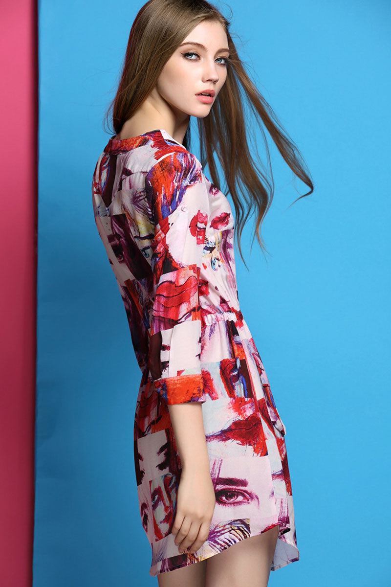 Round Collar Multi Color Pattern Print 3/4 Sleeve Lacing Waist Dress - NJOYDRESS - 3