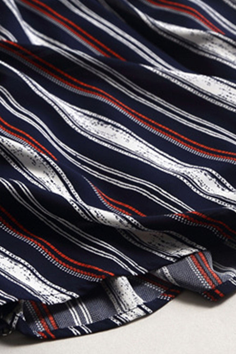 Roll Collar Colorful Retro Pattern Color Stripes Vertical  Dress - NJOYDRESS - 4