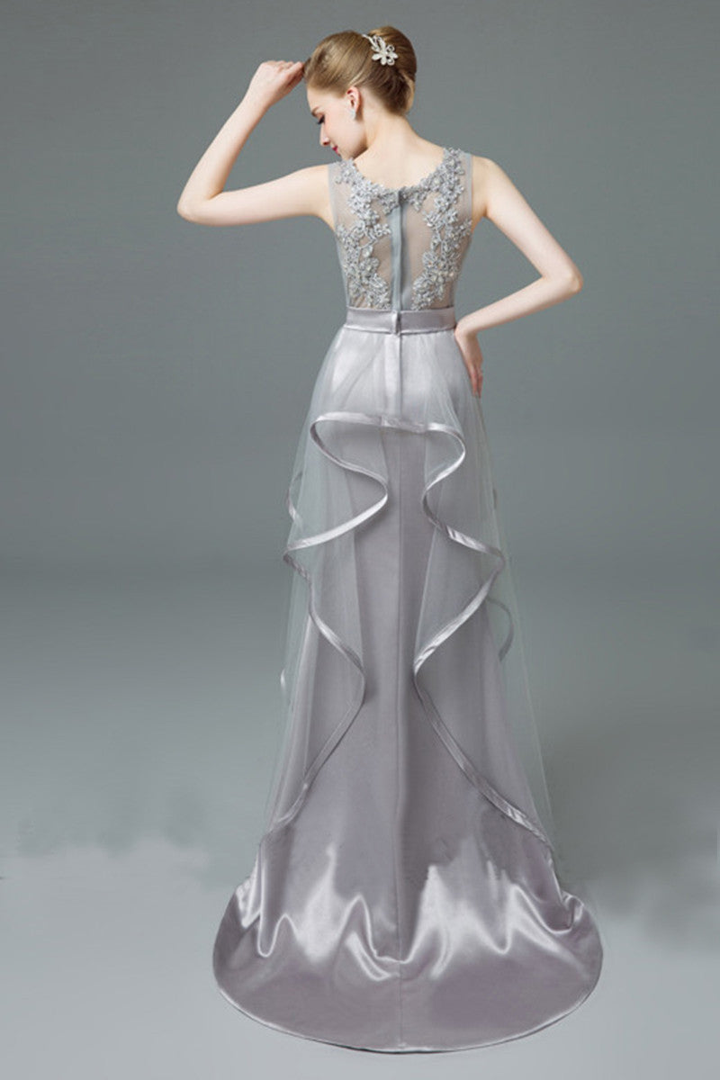 Round Collar Floral Lace Pearl Sheer Mesh Irregular Flare Mesh Long Dress