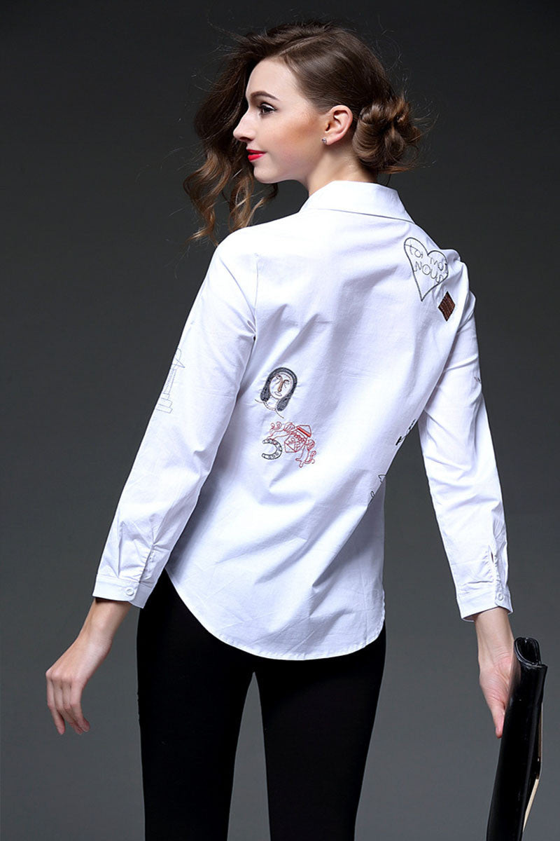 Lapel Neck Cartton Stitch Button Down Formal Blouse