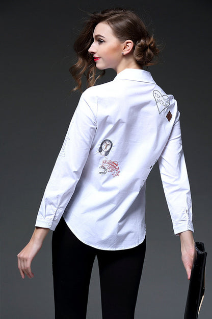 Lapel Neck Cartton Stitch Button Down Formal Blouse