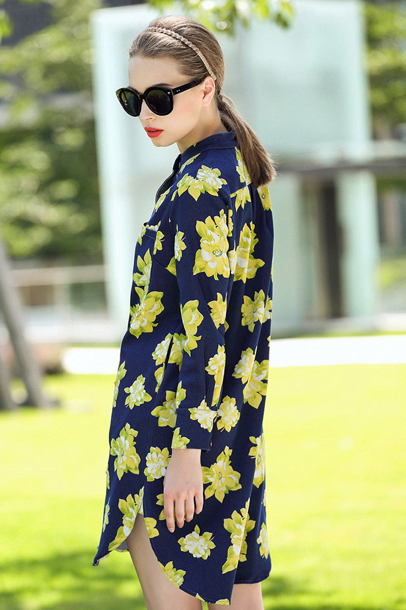 women's casual flower printing stand collar long sleeve loose dress