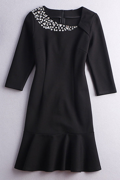 WOMEN'S SLIM 9 SLEEVE BEADED SHORT DRESS