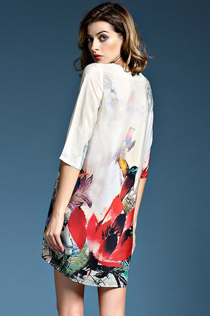 1/2 Sleeve Loose Shift Floral Printing Casual Dress