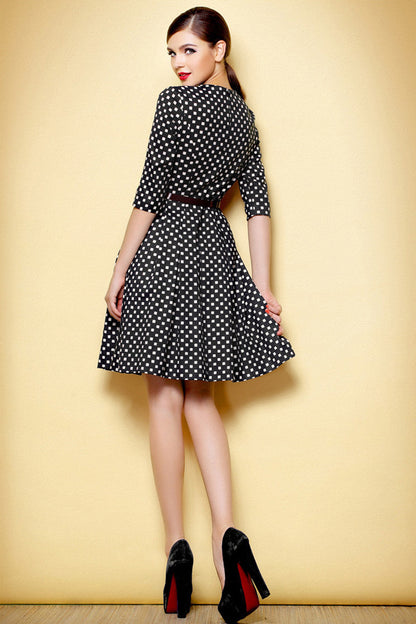 Women's Heart Printing Skirt Casual Round Neck Slim A-line Flare Dress With Belt - NJOYDRESS - 3