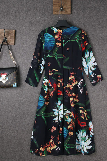 Round Collar Floral Pattern 3/4Sleeve Swing Dress