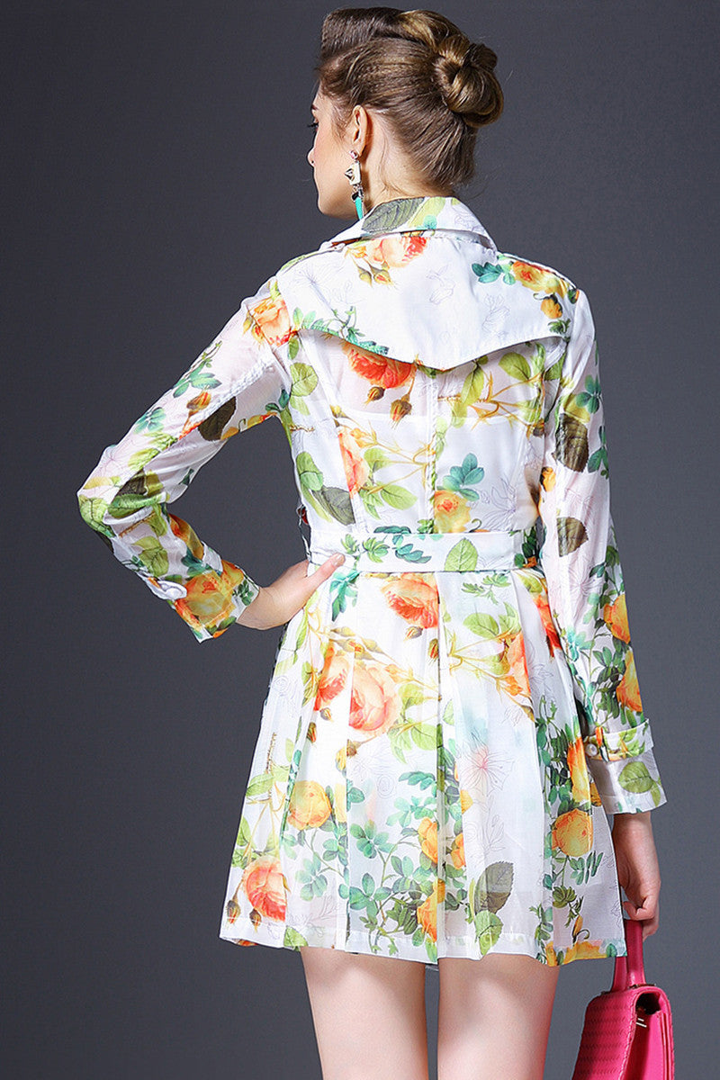 Lapel Neck Flowers Print Single-Breasted Dress With Belt