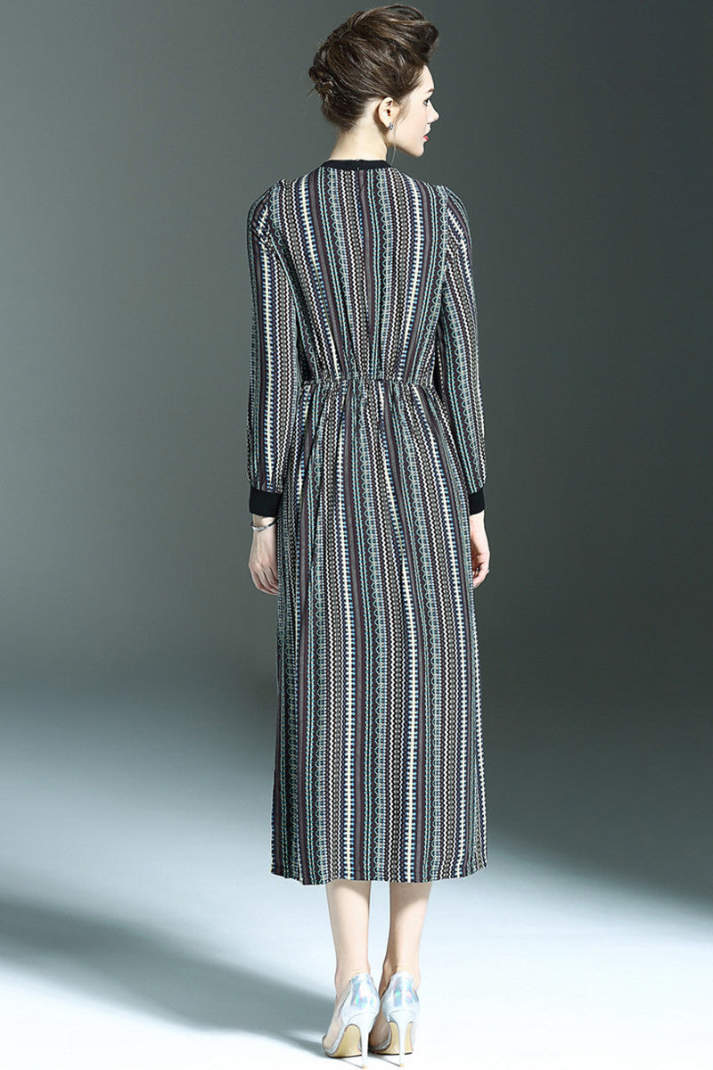 Round Collar Pope Print Shirring Waist Side Slit Midi Dress