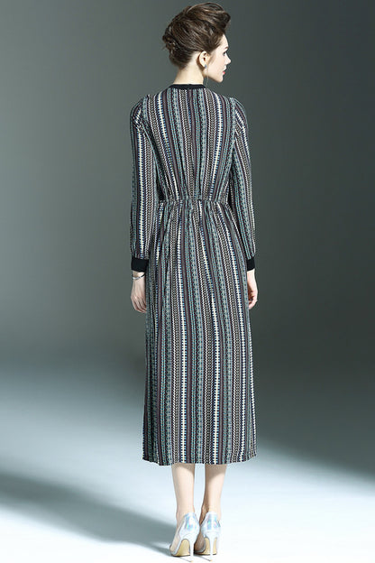 Round Collar Pope Print Shirring Waist Side Slit Midi Dress