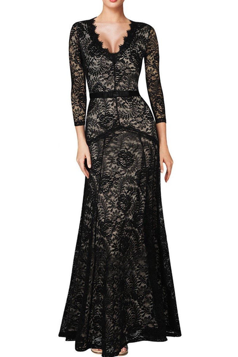 Deep V Neck Lace Applique 2/3 Sleeve Slim Dress