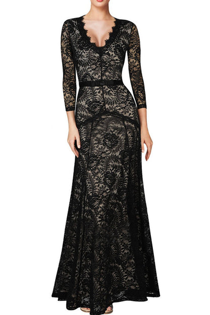 Deep V Neck Lace Applique 2/3 Sleeve Slim Dress
