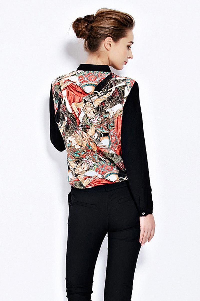 Lapel Neck Color Block Character Print Blouse