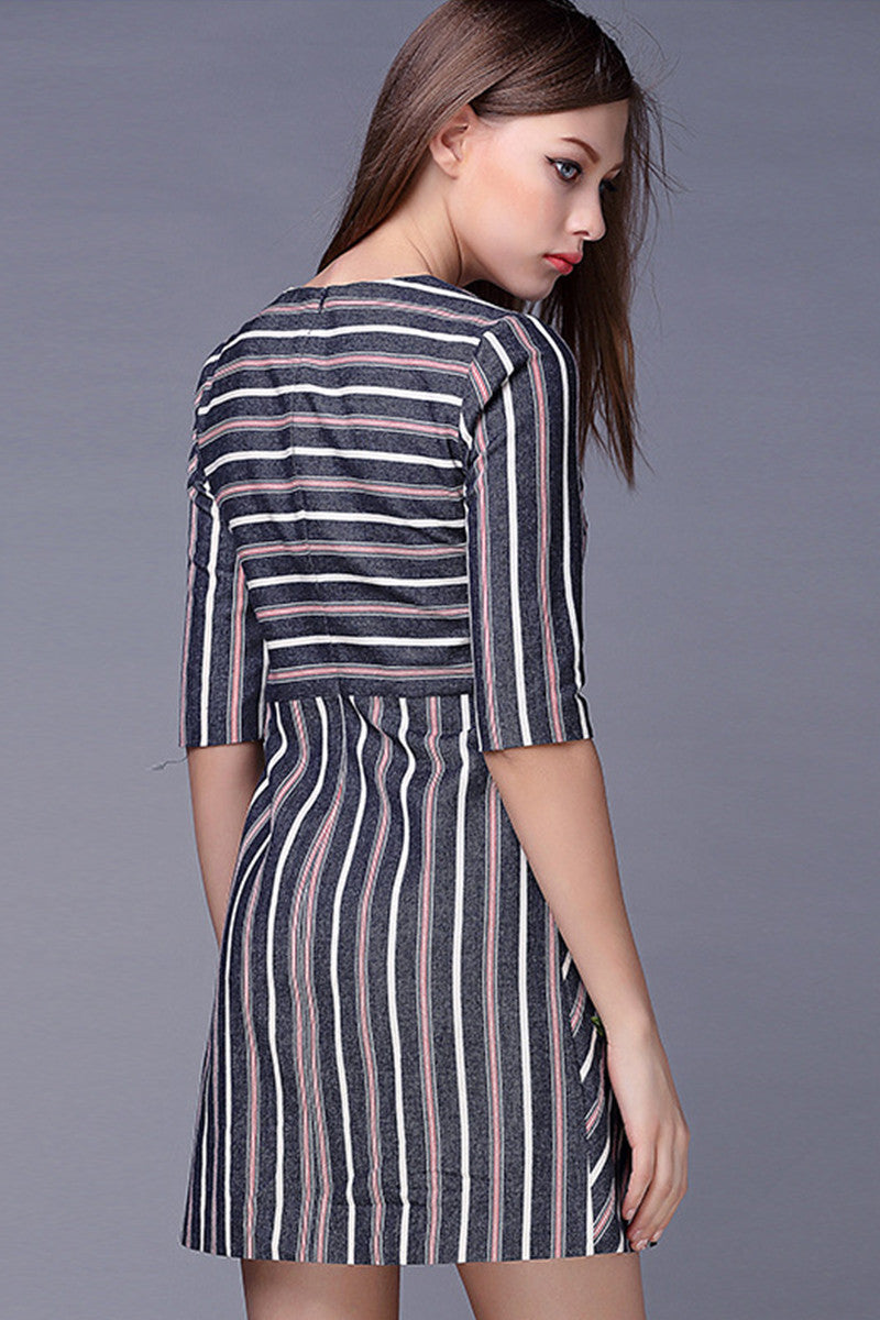 WOMEN'S SLIM FORMAL HALF SLEEVE STRIPE EMBROIDERY ROUND NECK DRESS