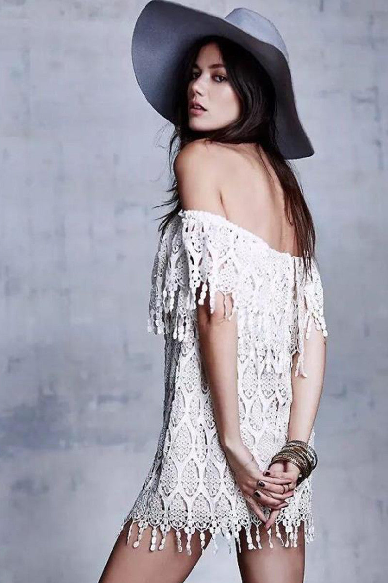 Off Shoulder Fringe Lace Casual Short Dress
