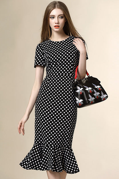 Round Collar Dots Slim Fish Tail Midi Bodycon Dress