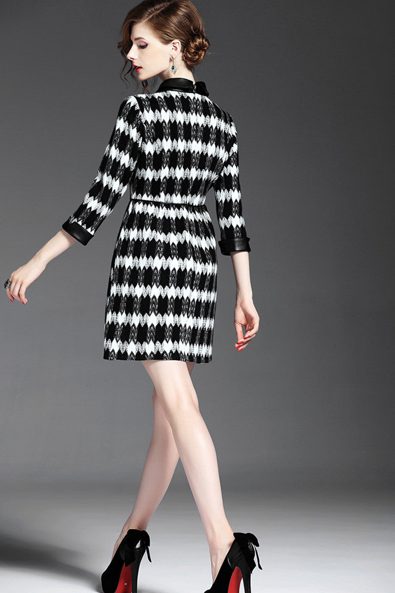 PU Lapel Neck Striped Wavy Print Tunic Dress