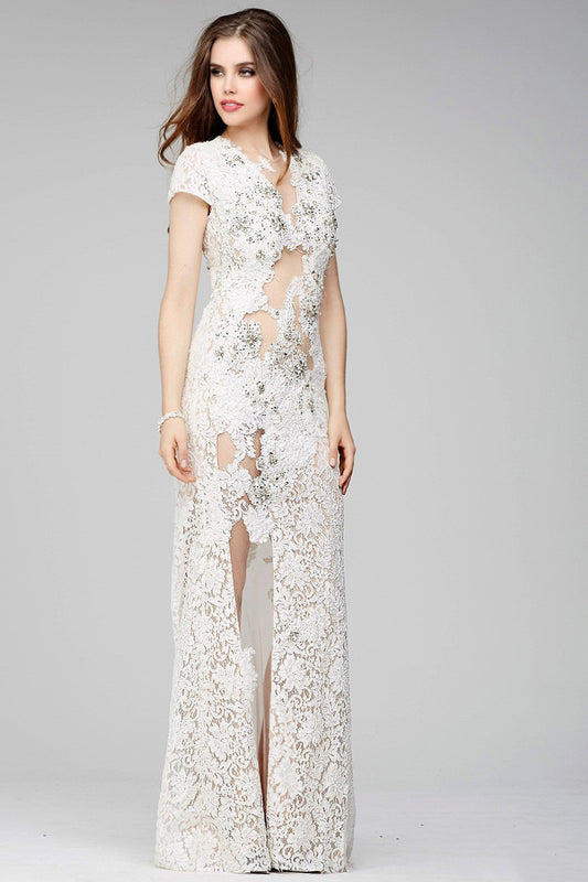 Floral Lace See-though Round neck Cap Sleeve Party Dress
