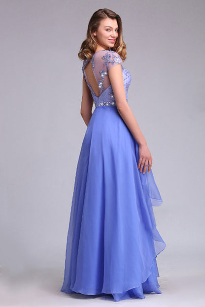 Long Beads Prom Dress Tulle Cap Sleeve Irregular Evening Dress