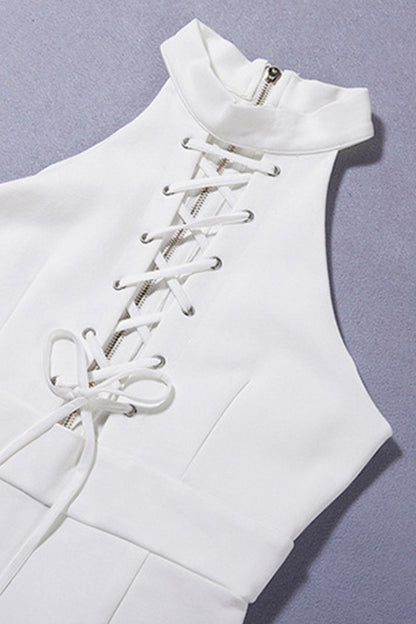 Mock Neck Off Shoulder Lace-Up Bodycon Club Dress