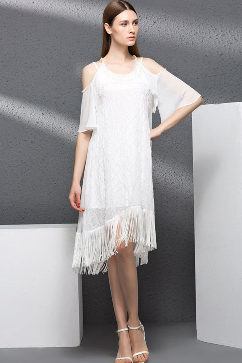 Cold Shoulder Trumpet Sleeve Embroidery Dress