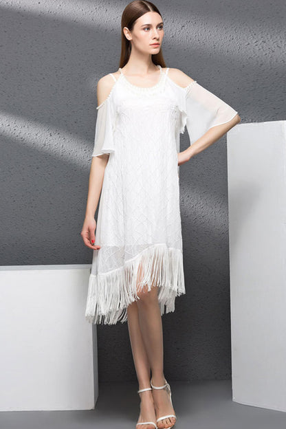 Cold Shoulder Trumpet Sleeve Embroidery Dress