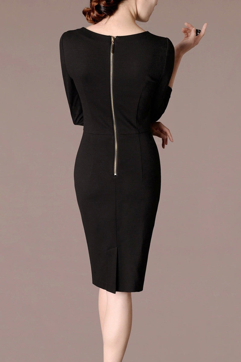 Hollow Out  V Neck Shirring  Waist Stretch  Midi Bodycon Dress