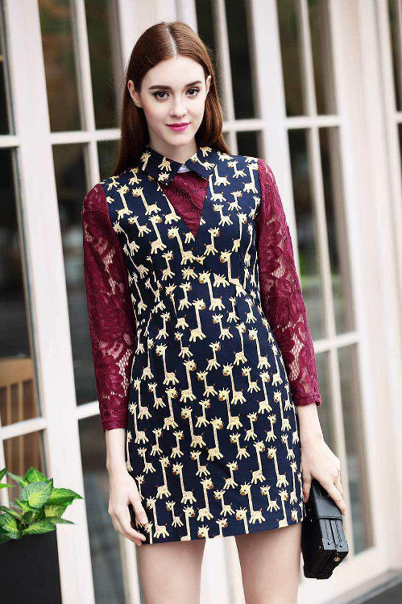 Giraffe Pattern Printed Faux Two-Piece Dress - NJOYDRESS - 3
