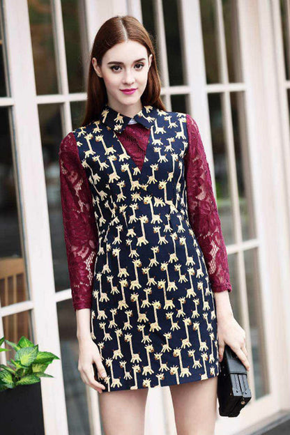 Giraffe Pattern Printed Faux Two-Piece Dress - NJOYDRESS - 3