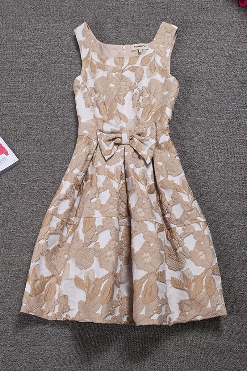 Square Neck Floral Jacquard Bowknot Applique Crushed Dress