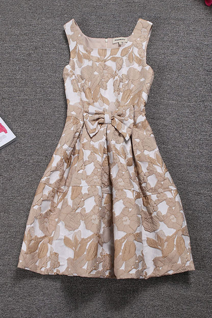 Square Neck Floral Jacquard Bowknot Applique Crushed Dress