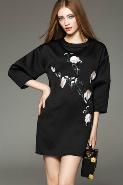 3/4 Sleeve Loose Pullove Dress With Embroidered - NJOYDRESS - 3