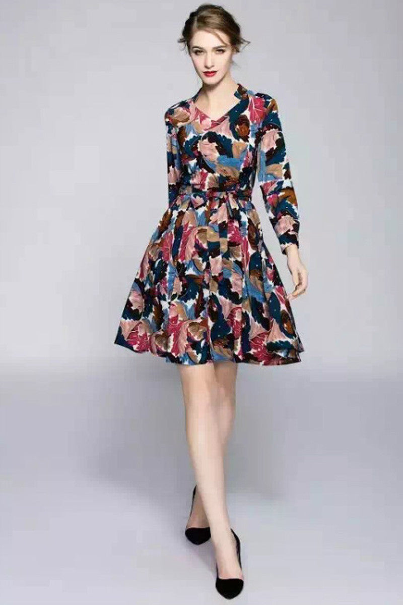 Leaf Printted Dress With Belt Tie - NJOYDRESS - 1