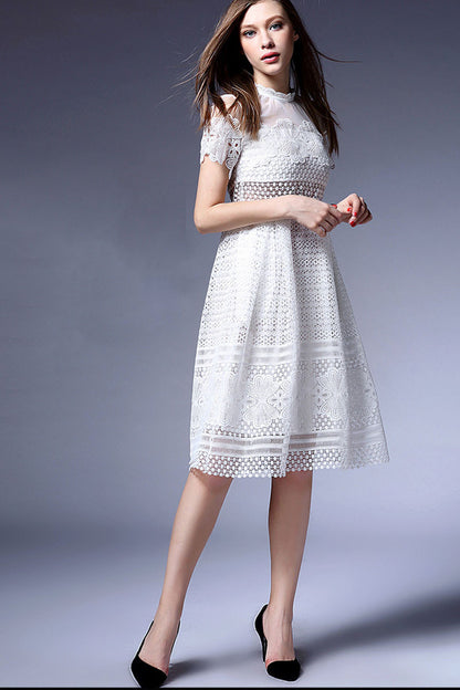 [30% OFF TILL 7 APR] Mock Neck Stripe Lace-Paneled Casual Midi Dress