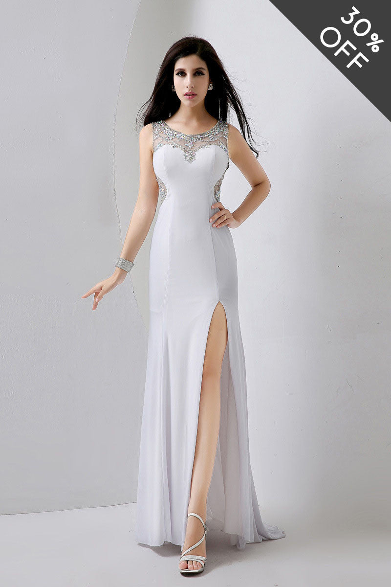 [30% OFF TILL 8 APR] Acrylic With Rhinestone Illusion Back High Slit Maxi Party Dress