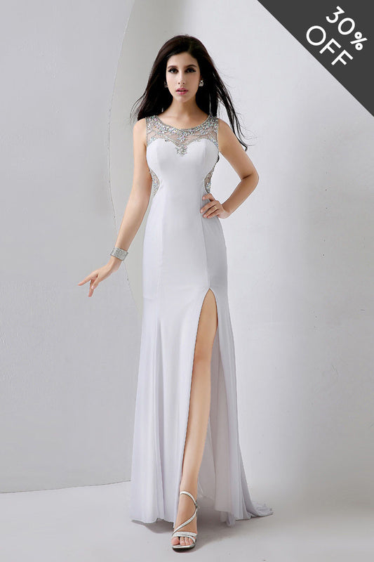 [30% OFF TILL 8 APR] Acrylic With Rhinestone Illusion Back High Slit Maxi Party Dress