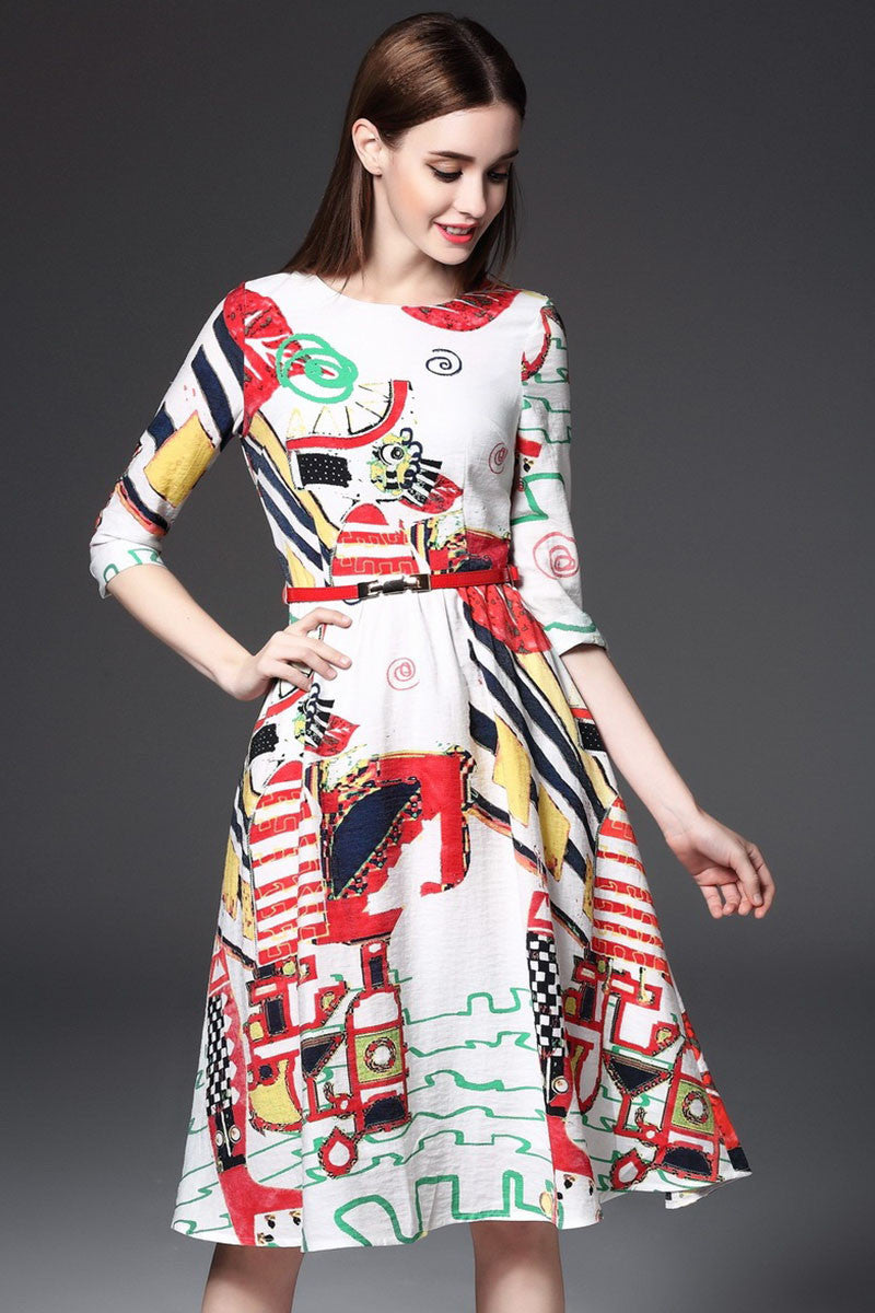 Round Collar Graffiti Cartoon Print Flare Dress With Belt