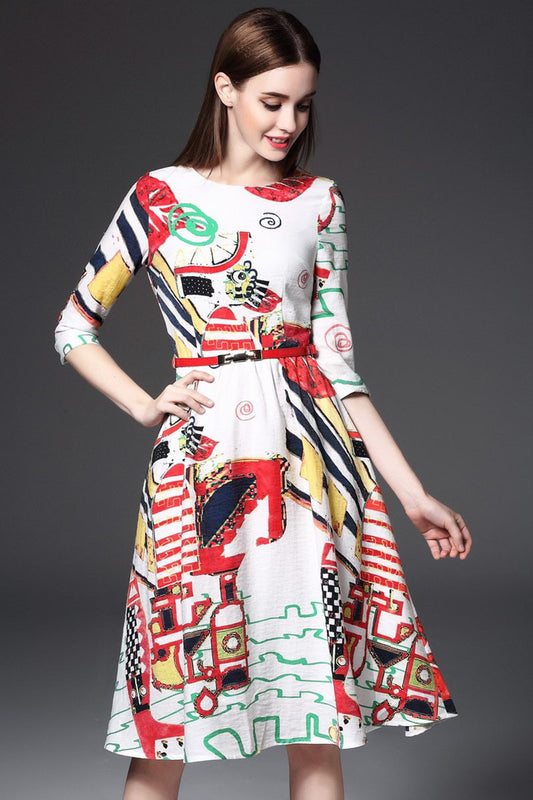 Round Collar Graffiti Cartoon Print Flare Dress With Belt