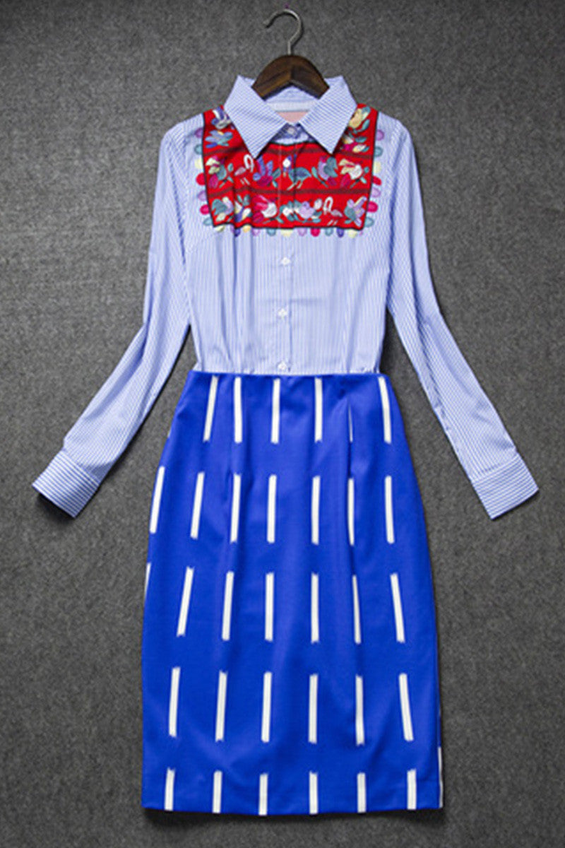 Stripe Printing Shirts With Dotted Line Pattern Pencil Dress