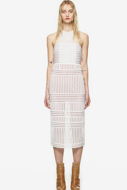 Cross Stripe Lace Midi Club Dress