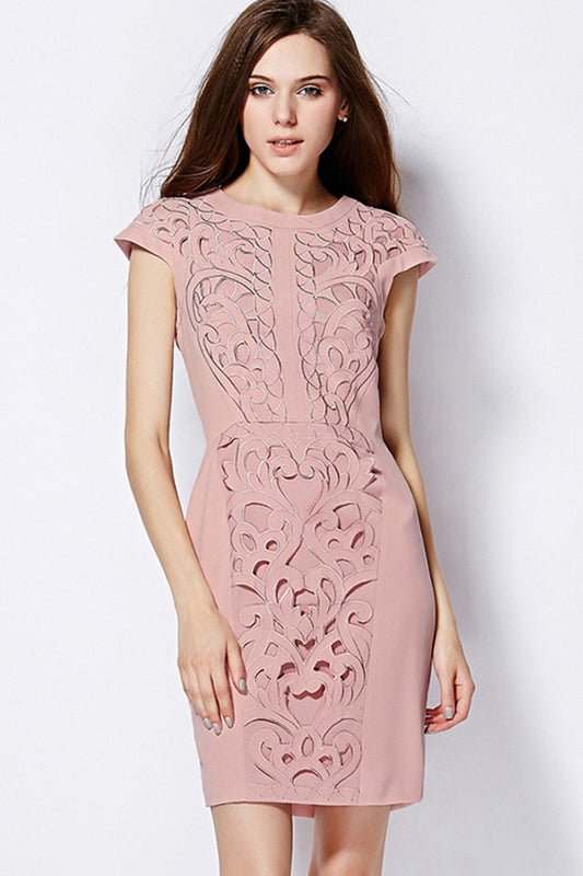 Round Collar Hollow Out Floral Embroidery Slim Dress
