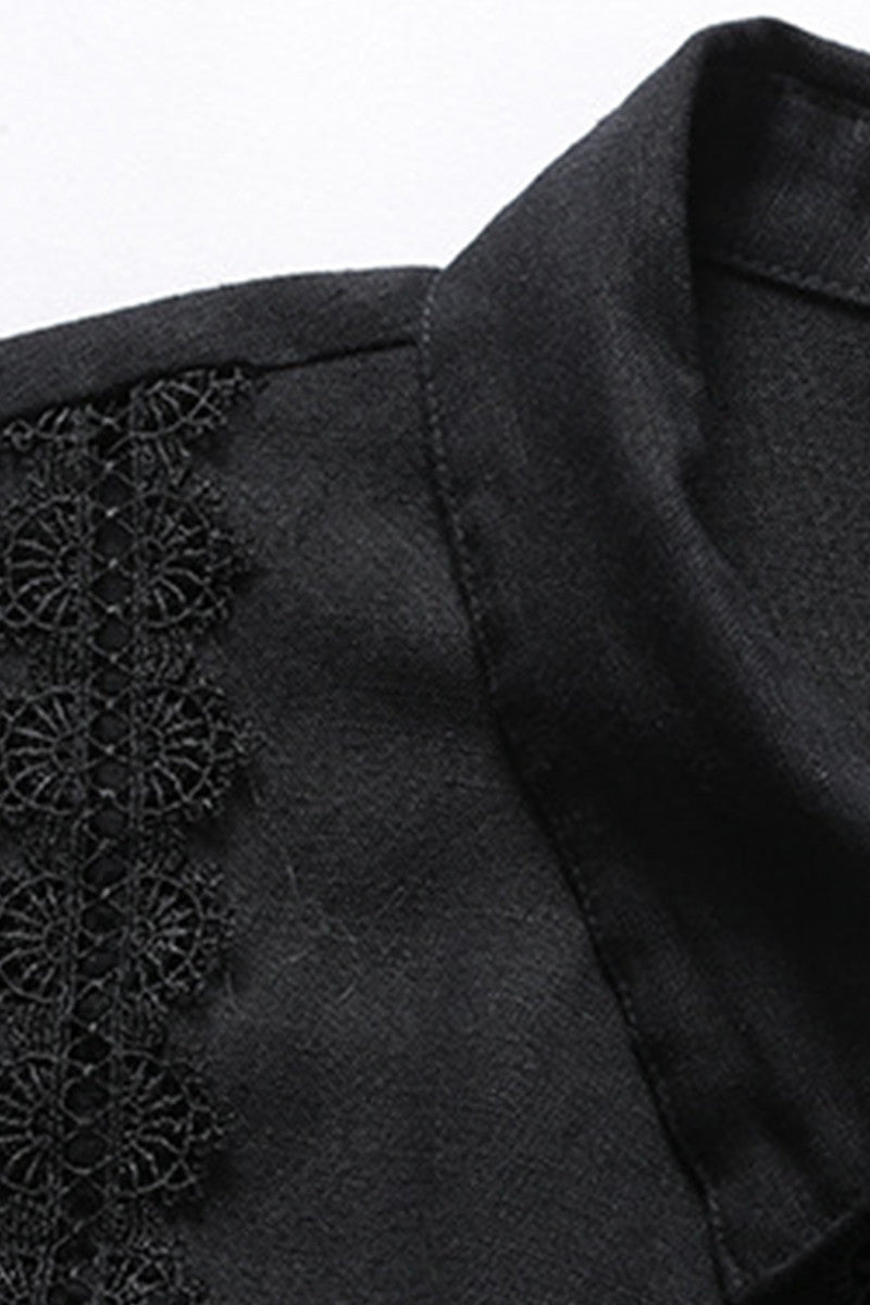 Linen Blending Lace Trim Decoration Button Down Shirts