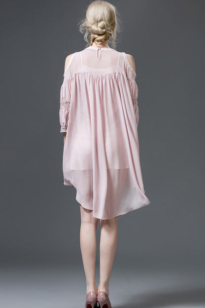 Beaded Open Puff Sleeve Loose Runched Hi-Low Dress