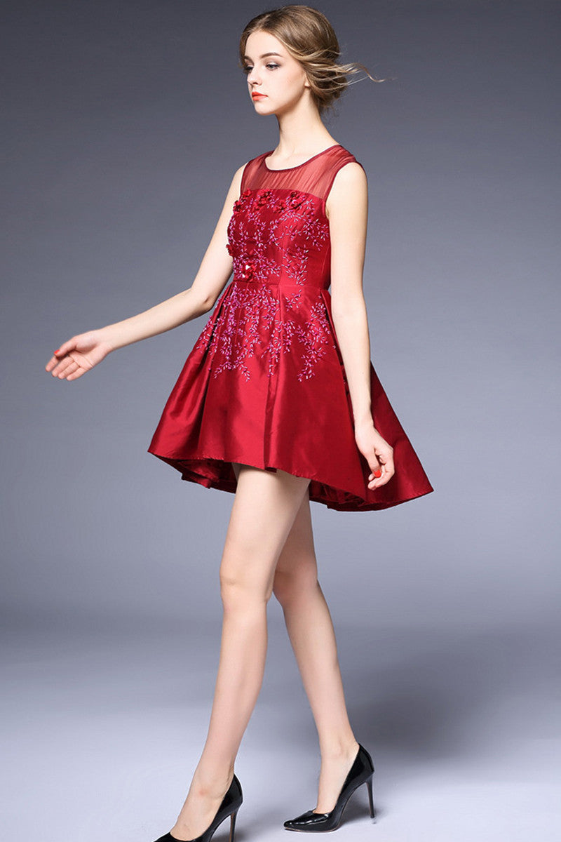 Round Collar Beads Sequins Pleat Dress With Illusion Mesh Top