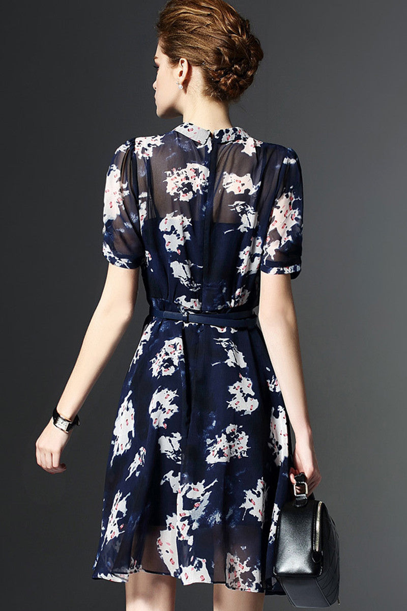 [30% OFF TILL 8 APR] V Neck Floral Pattern Print Sheer Top Chiffon Flare Dress