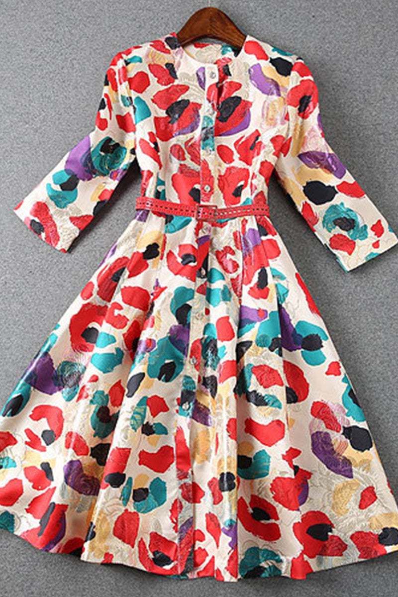 women's casual a-line round neck 3/4 sleeve flower printing midi dress
