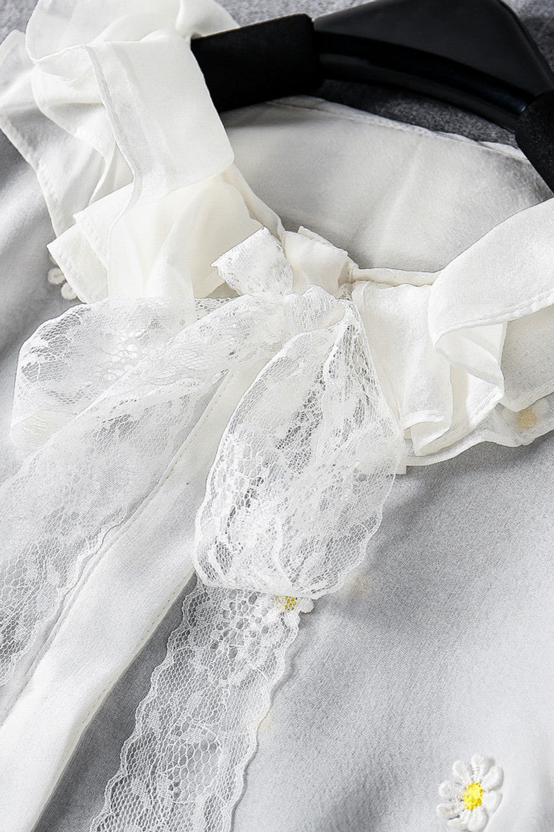 Flare High Collar Flowers Embroidered Lattern Sleeve Chiffon Blouse