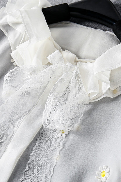 Flare High Collar Flowers Embroidered Lattern Sleeve Chiffon Blouse